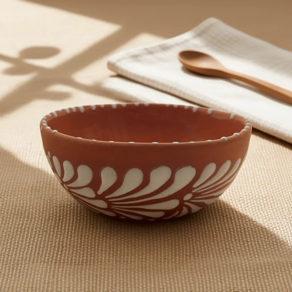 Set of 4 Handmade Brown & White Talavera Bowls | Artisan Dinnerware