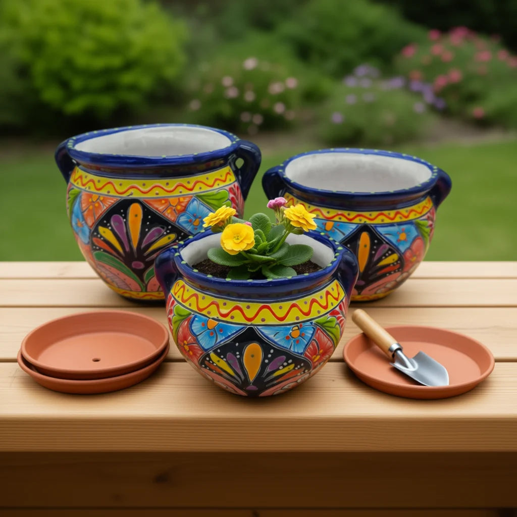 Small Cobalt Blue Rim Talavera Pot Trio | Hand-Painted Planters
