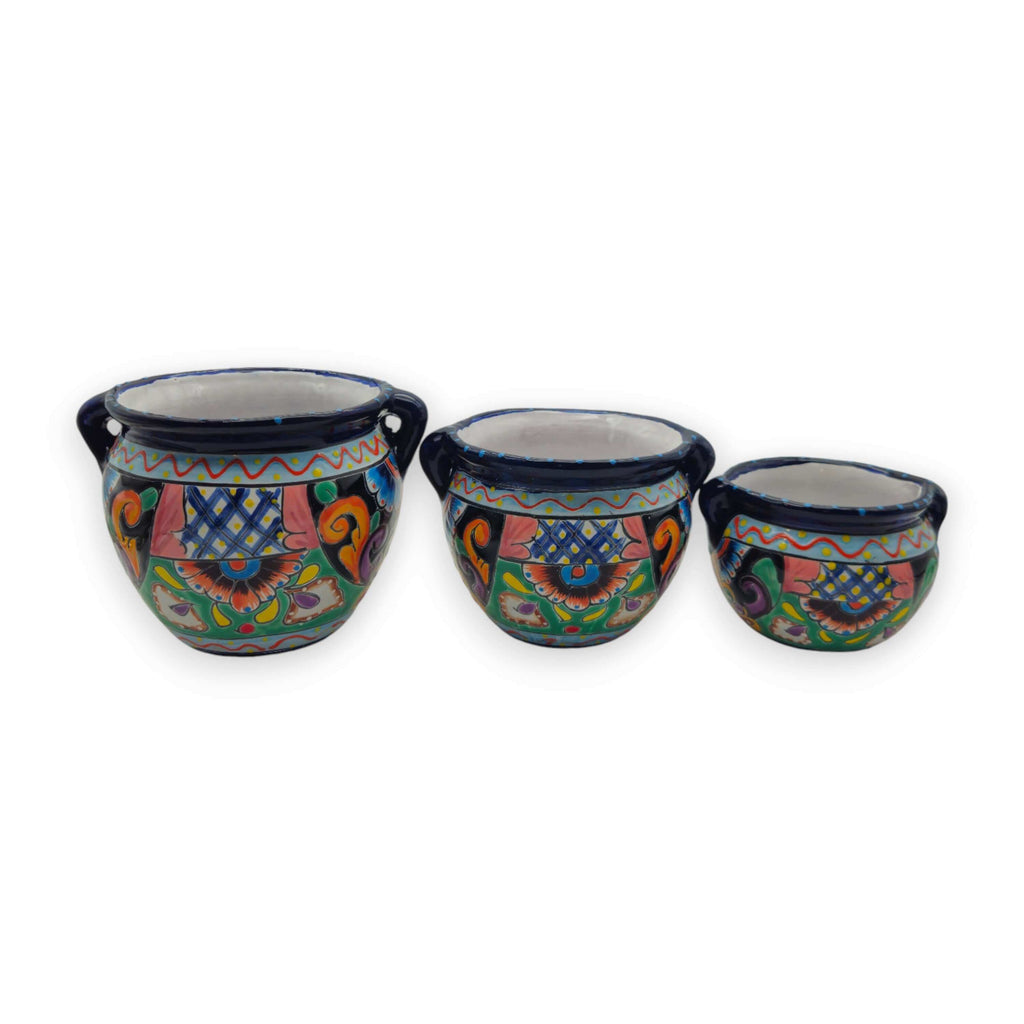Small Cobalt Blue Rim Talavera Pot Trio | Hand-Painted Planters