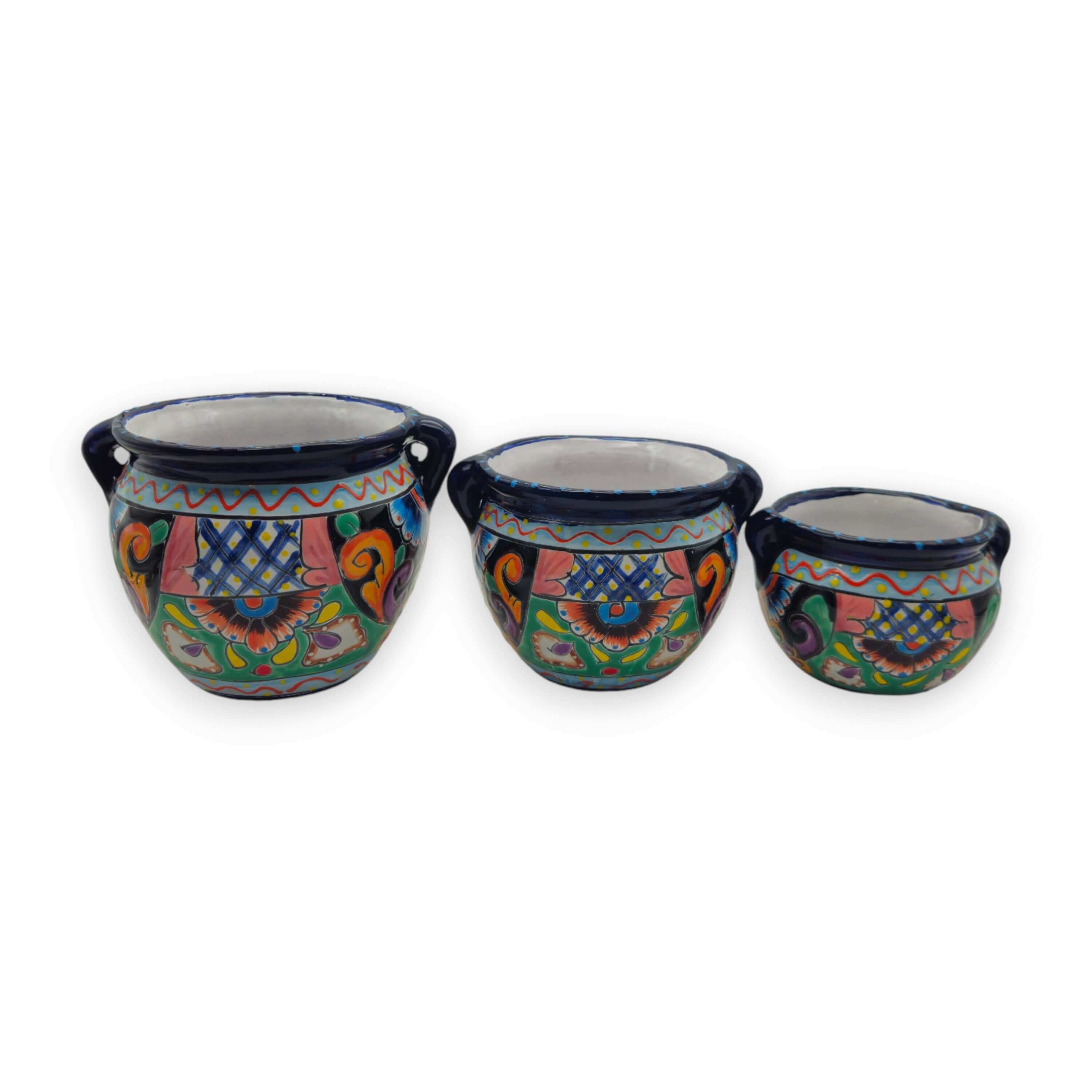 Small Cobalt Blue Rim Talavera Pot Trio | Hand-Painted Planters