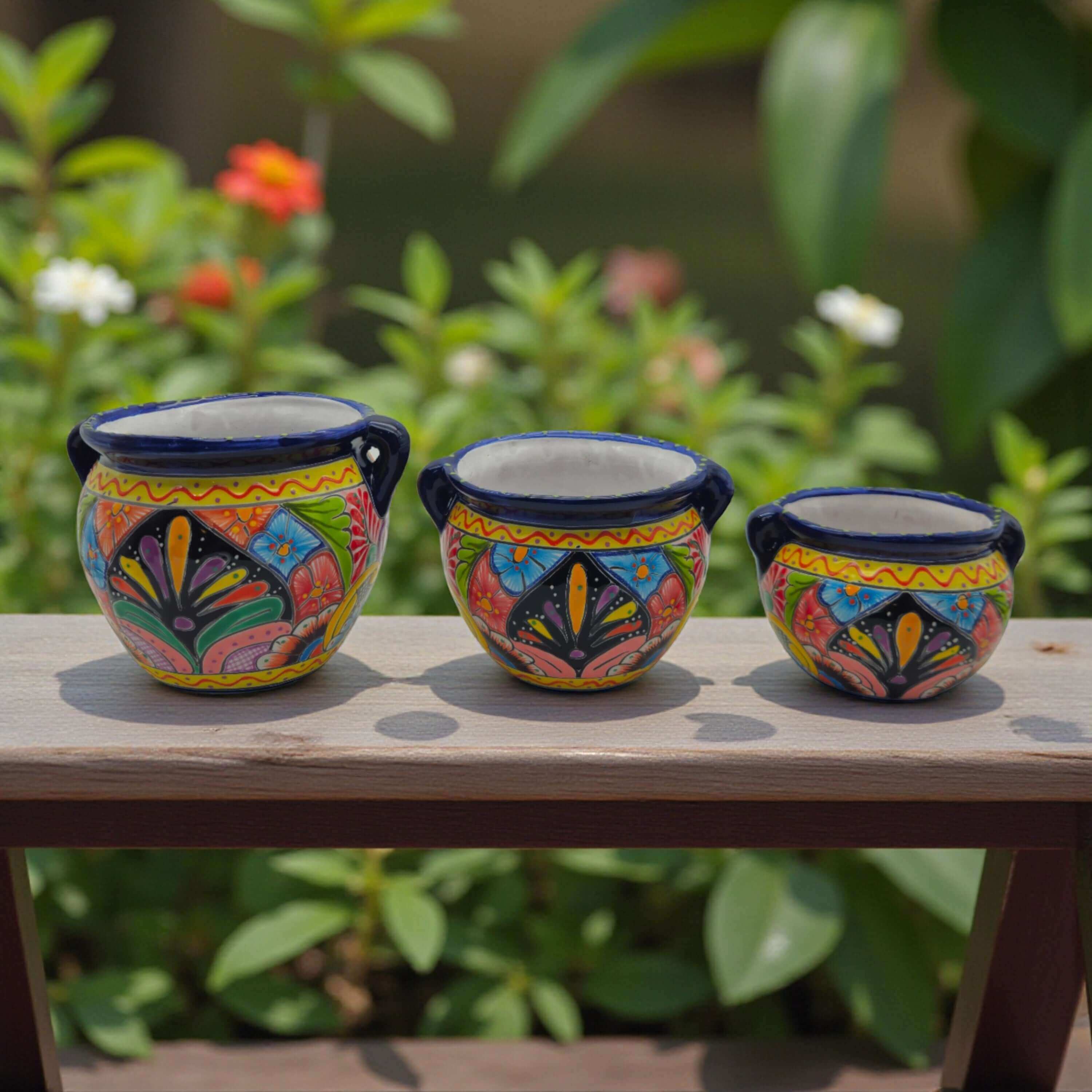 Small Cobalt Blue Rim Talavera Pot Trio | Hand-Painted Planters