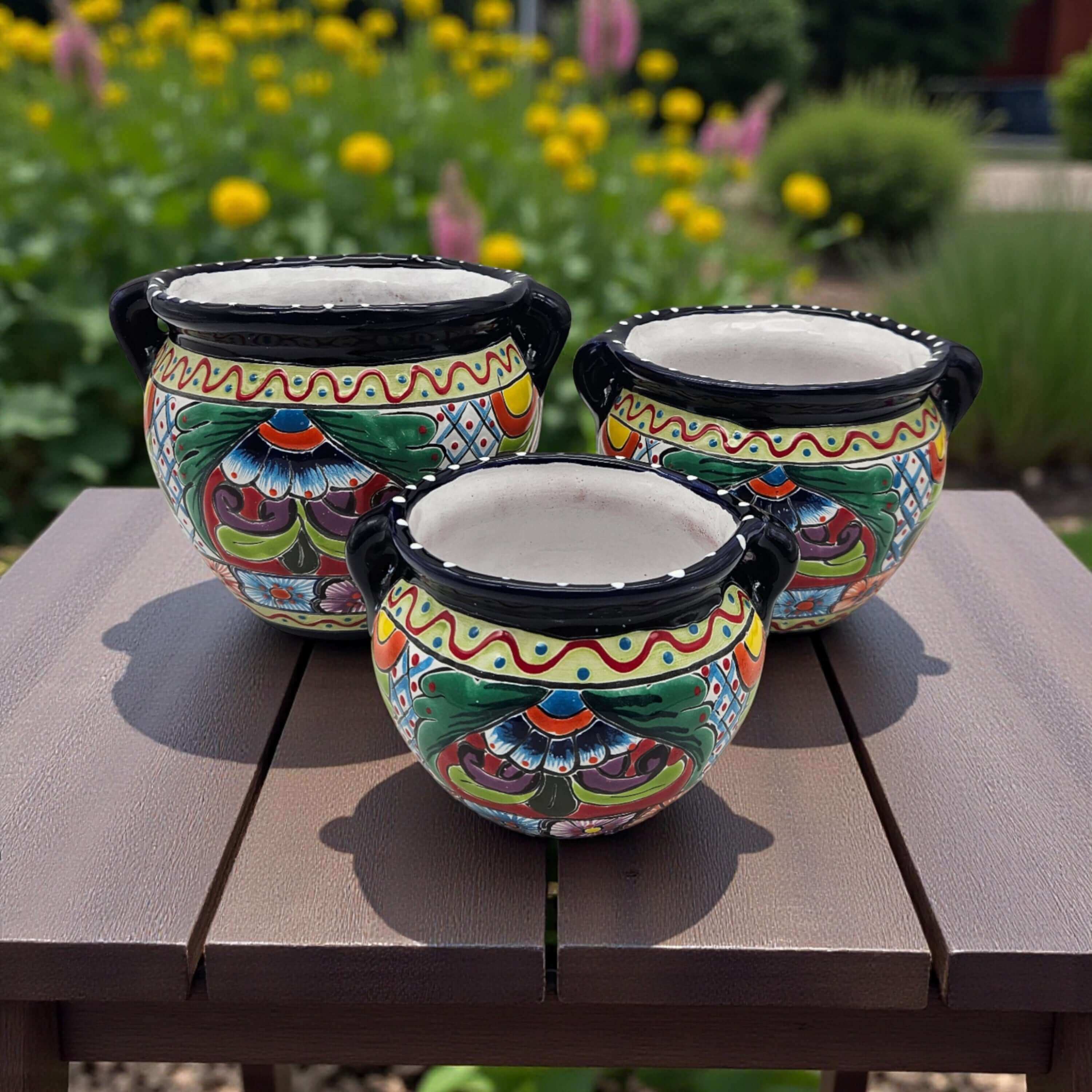 Small Cobalt Blue Rim Talavera Pot Trio | Hand-Painted Planters