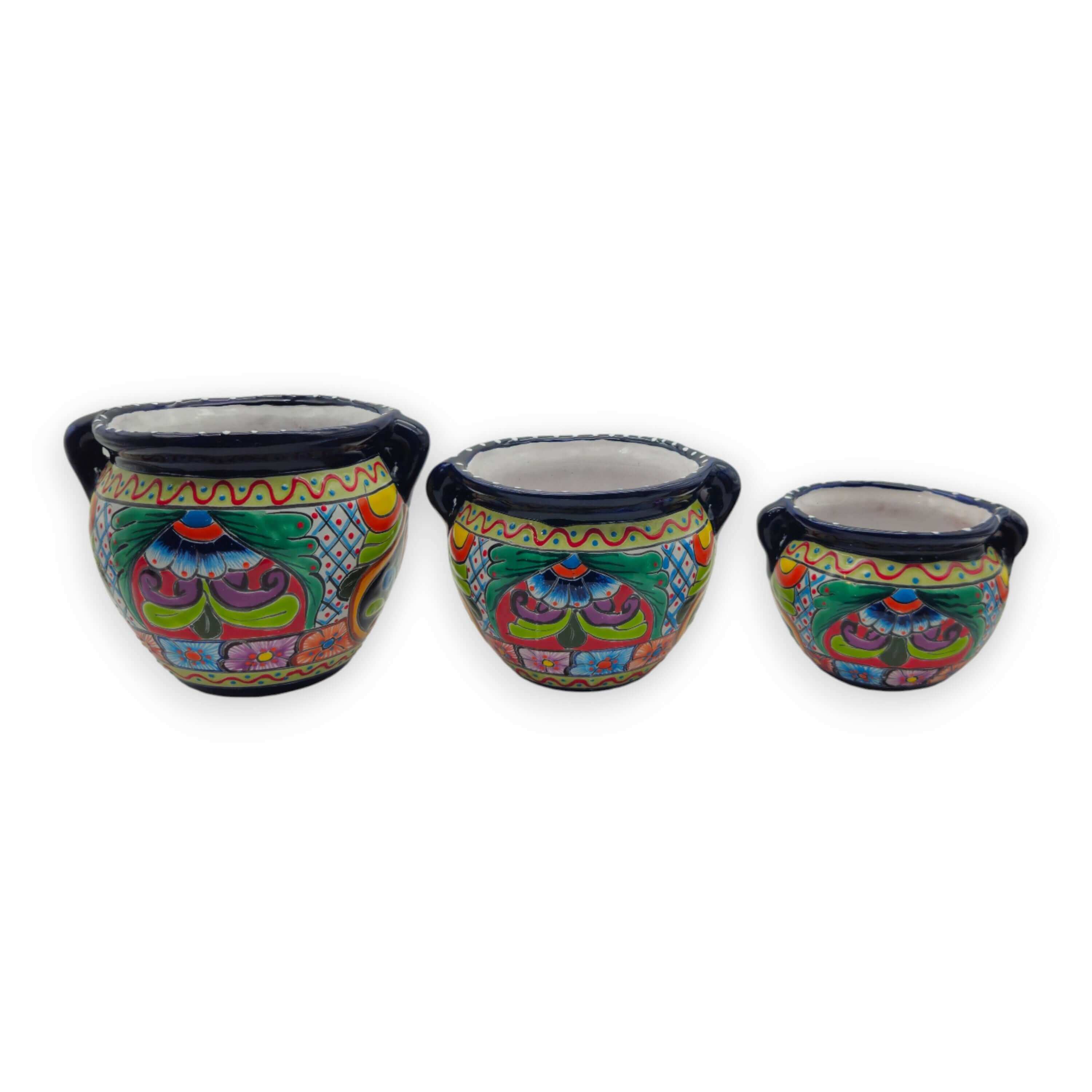 Small Cobalt Blue Rim Talavera Pot Trio | Hand-Painted Planters