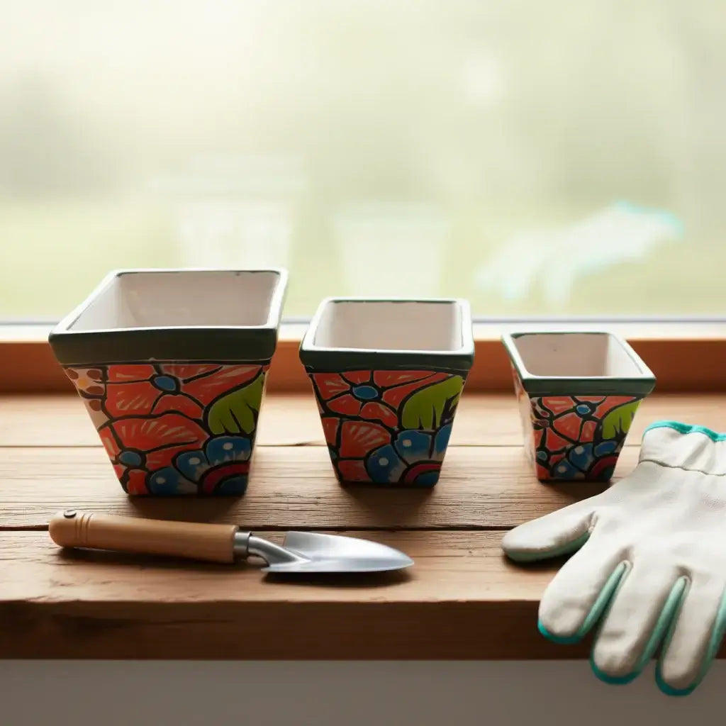Mini Square Talavera Planter Set | Colorful Mexican Pots