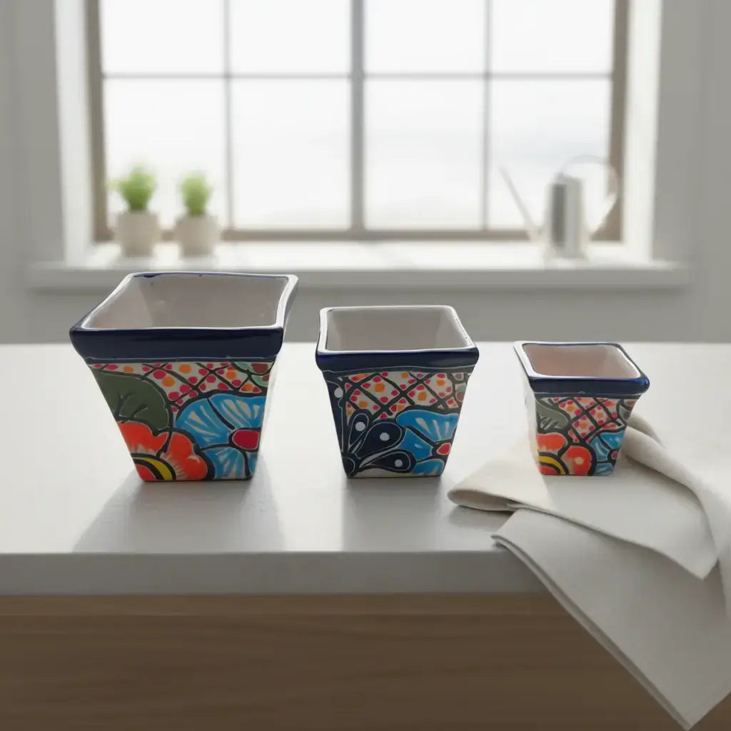 Mini Square Talavera Planter Set | Colorful Mexican Pots