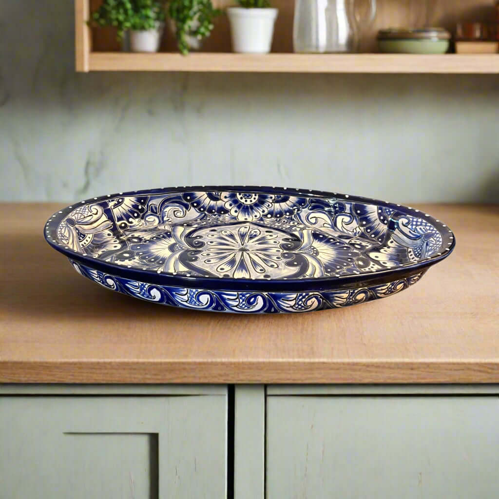 Talavera Oval Serving Platter | Blue & White Mexican Kitchenware