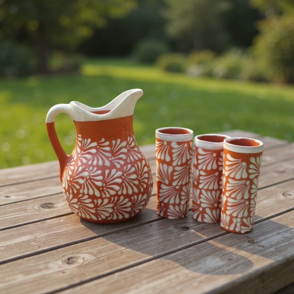 Talavera Brown & White Drinkware Set | Handmade Pitcher & Cups