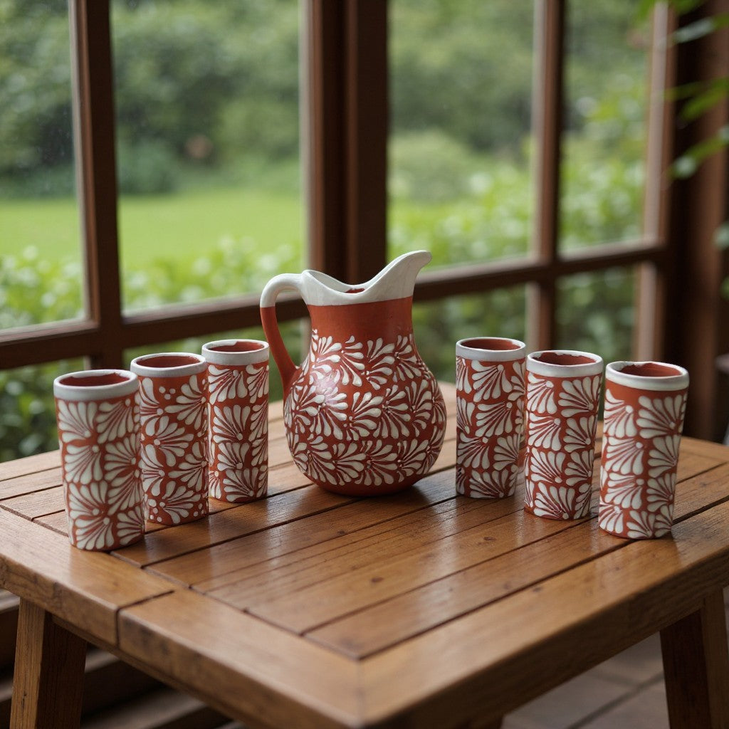 Talavera Brown & White Drinkware Set | Handmade Pitcher & Cups
