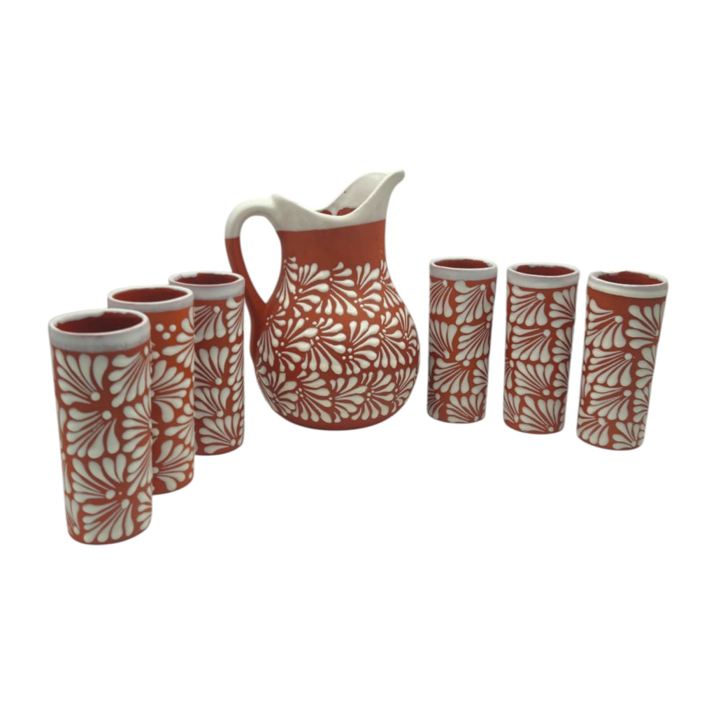 Talavera Brown & White Drinkware Set | Handmade Pitcher & Cups