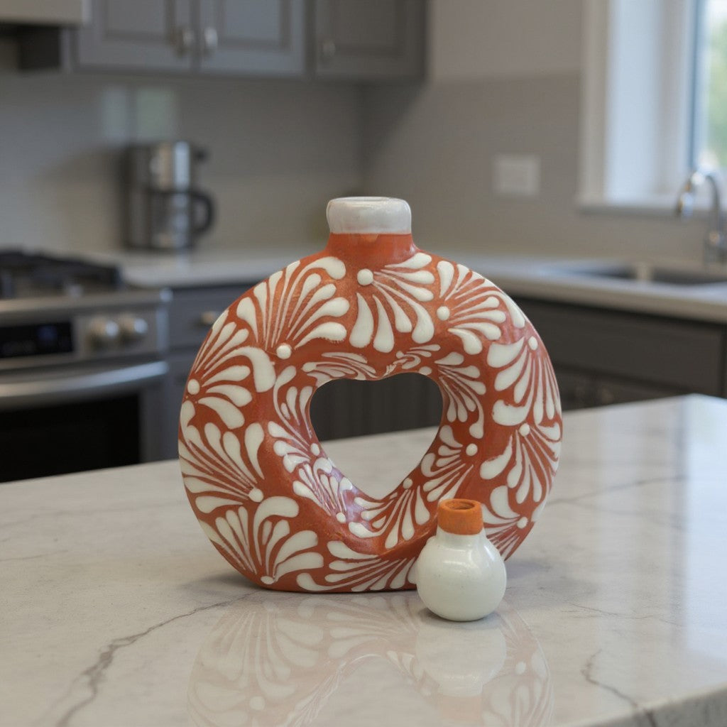 Talavera Brown & White Heart Decanter | Hand-Painted Ceramic Art