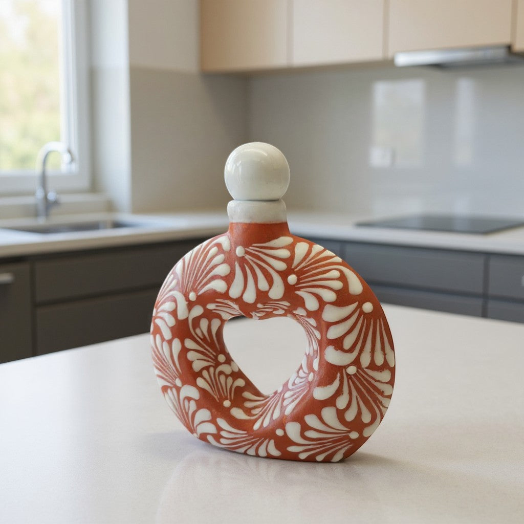 Talavera Brown & White Heart Decanter | Hand-Painted Ceramic Art