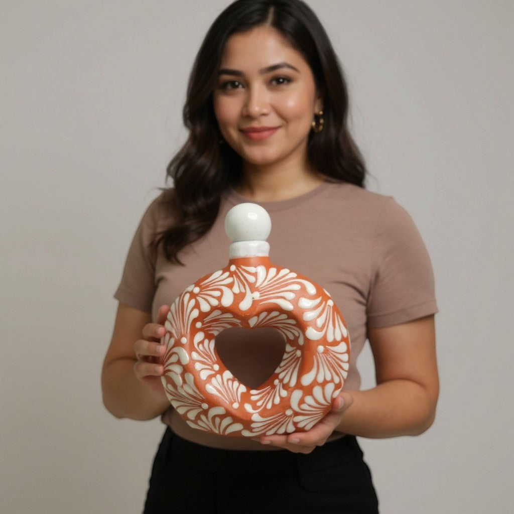 Talavera Brown & White Heart Decanter | Hand-Painted Ceramic Art