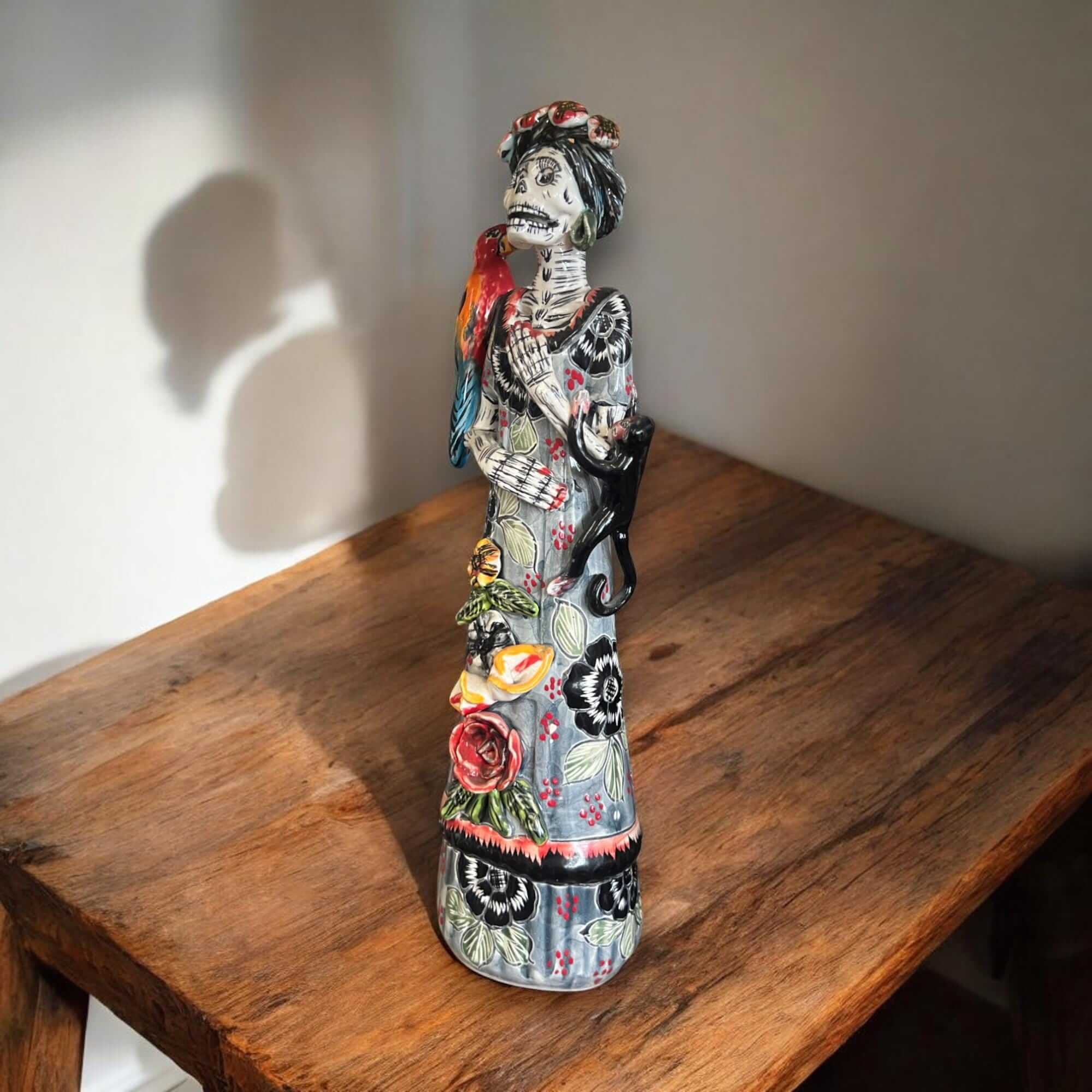 Talavera Catrina Figurine | Day of the Dead Skeleton with Monkey &