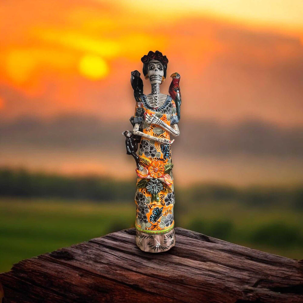 Talavera Catrina Figurine | Day of the Dead Skeleton with Monkey &