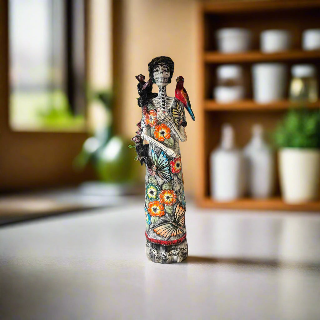 Talavera Catrina Figurine | Day of the Dead Skeleton with Monkey &
