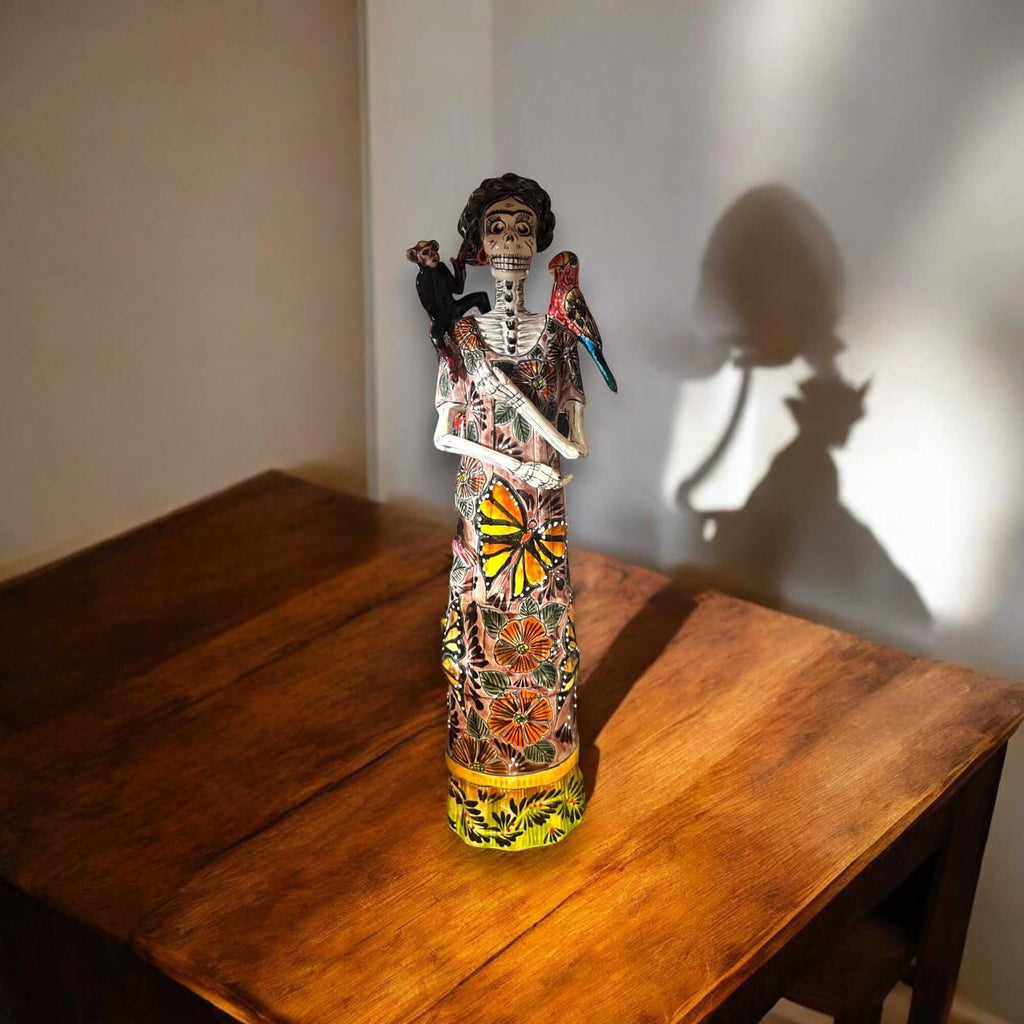 Talavera Catrina Figurine | Day of the Dead Skeleton with Monkey &