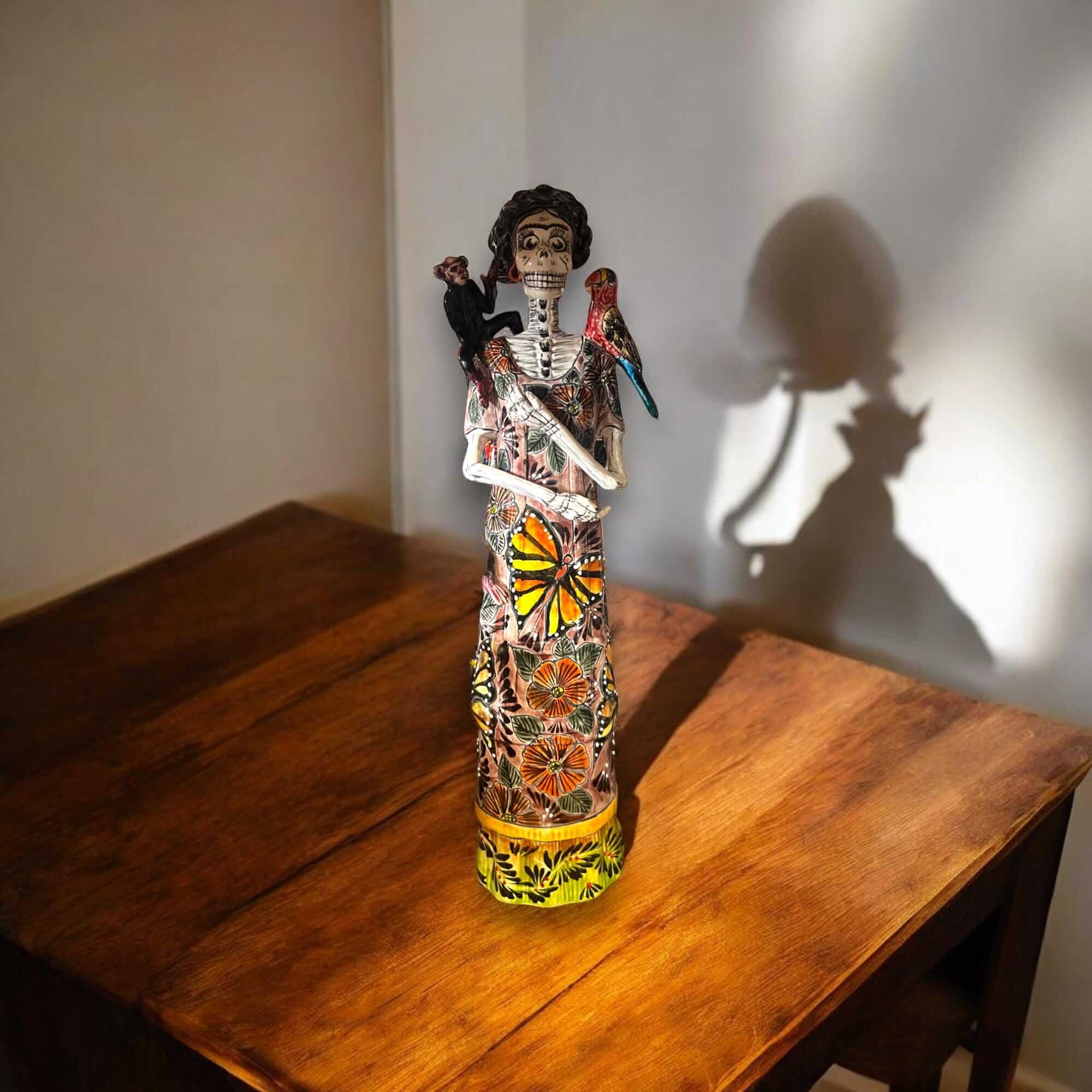Talavera Catrina Figurine | Day of the Dead Skeleton with Monkey &