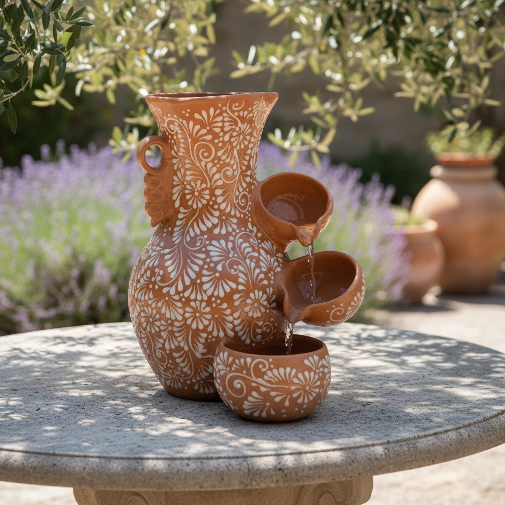 Talavera Ceramic Fountain | Brown & White Relief Design