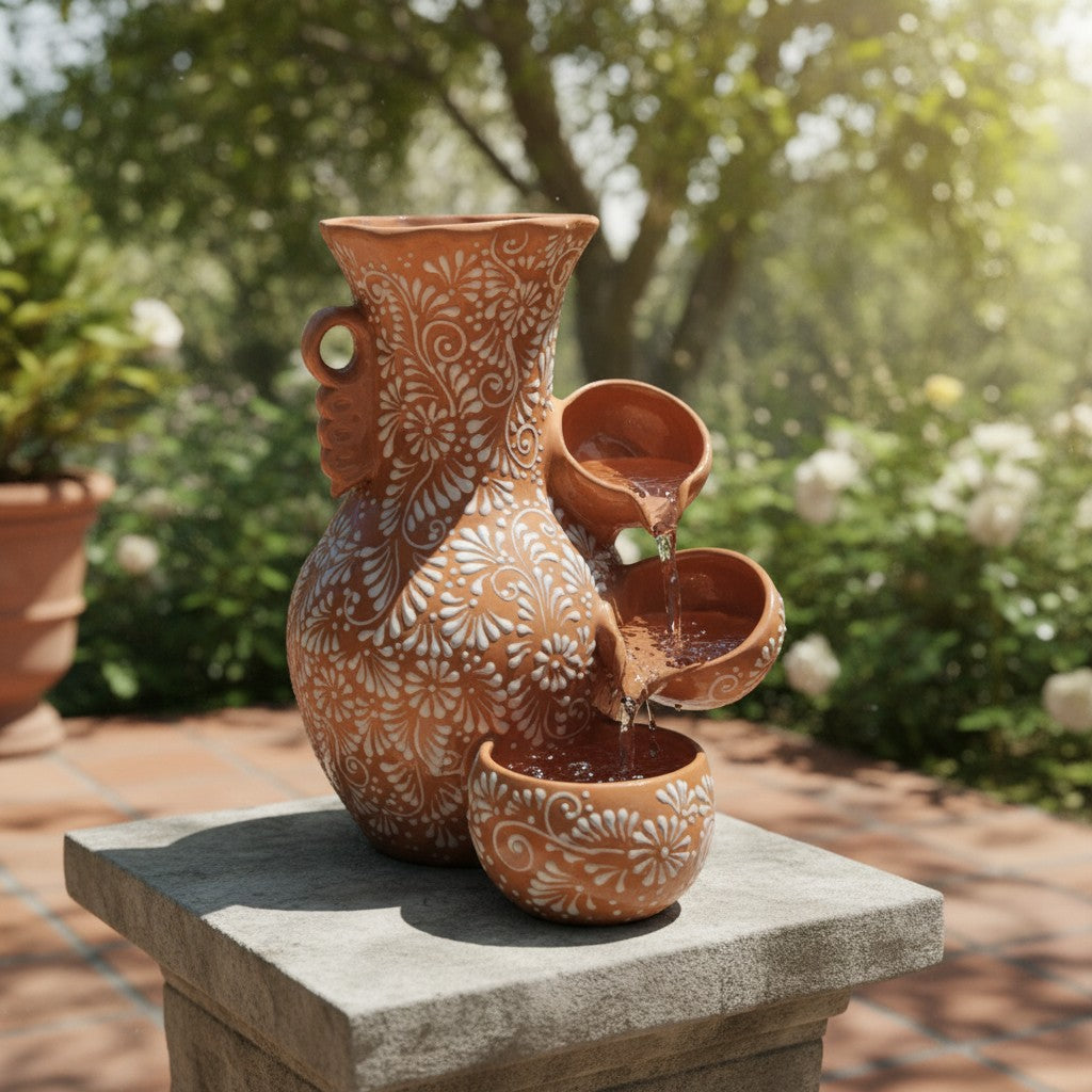 Talavera Ceramic Fountain | Brown & White Relief Design