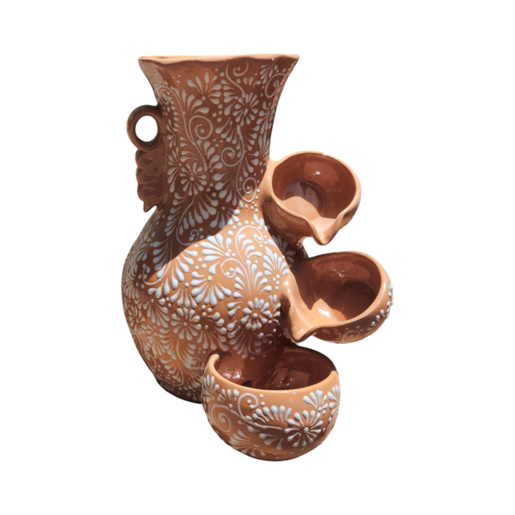Talavera Ceramic Fountain | Brown & White Relief Design