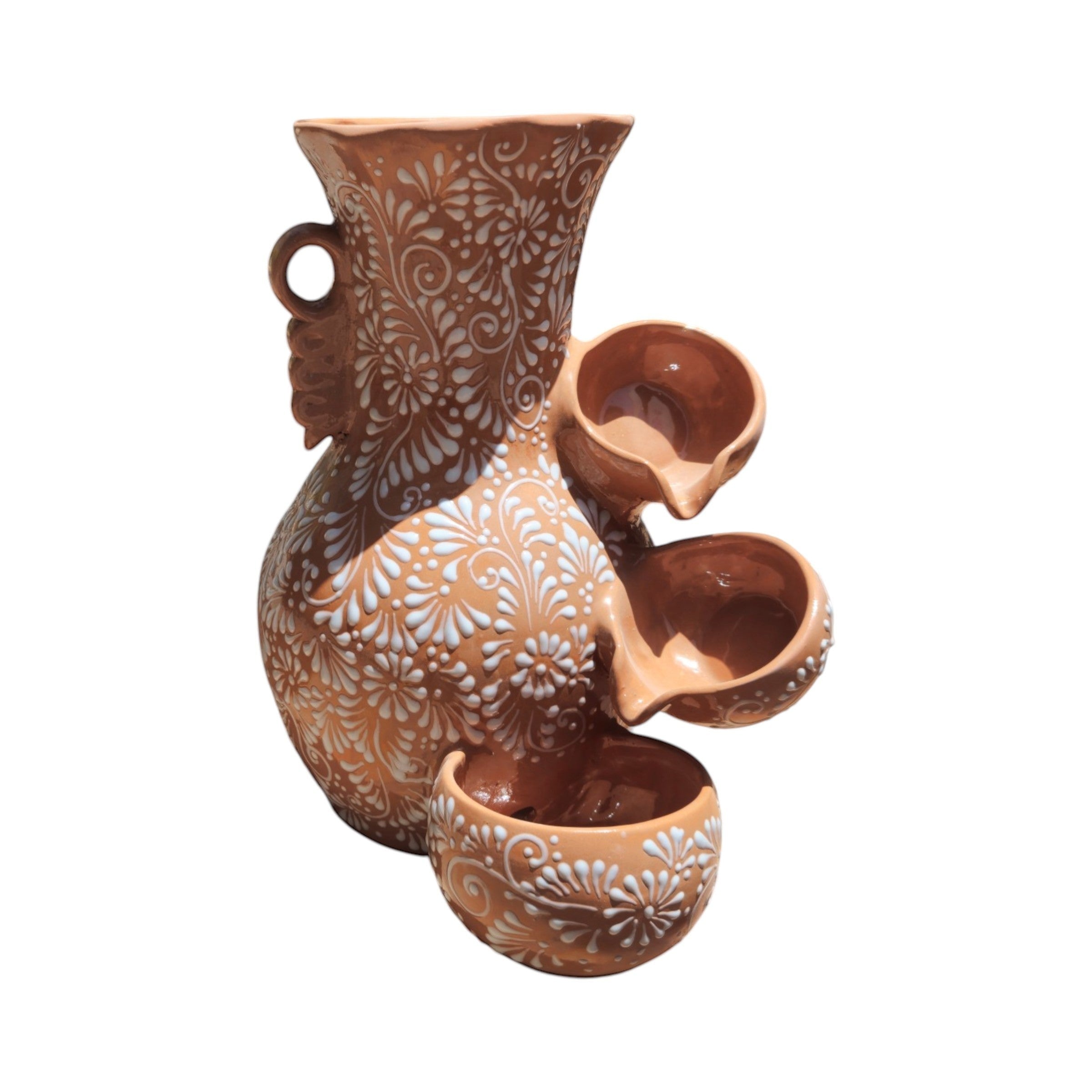 Talavera Ceramic Fountain | Brown & White Relief Design