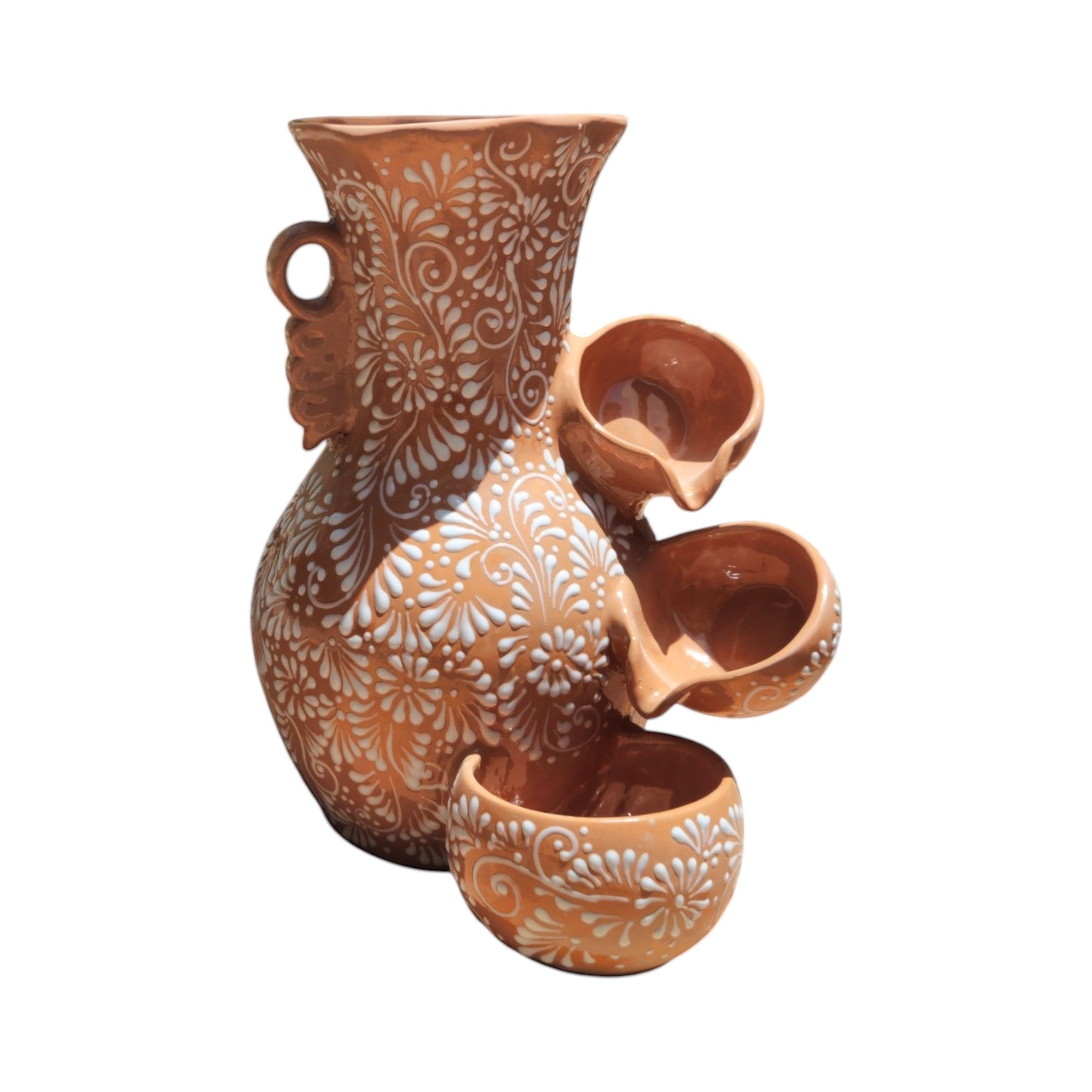 Talavera Ceramic Fountain | Brown & White Relief Design
