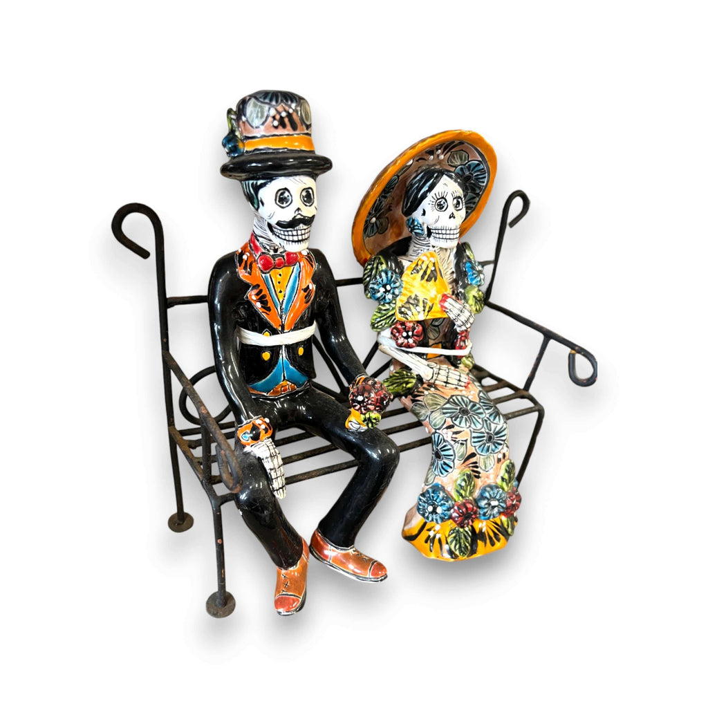 Talavera Skeleton Couple on Bench | Day of the Dead Mexican Decor