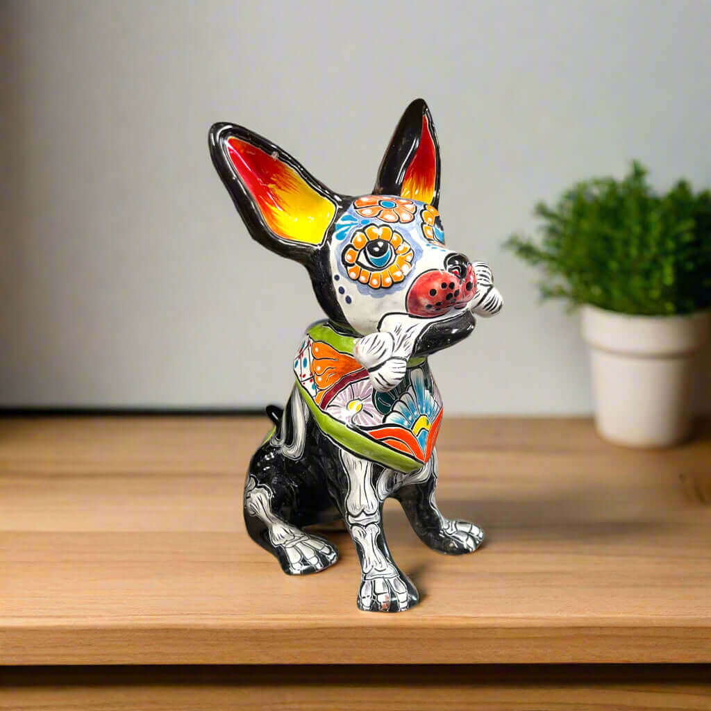 Talavera Chihuahua Holding Bone | Day of the Dead Dog Figurine