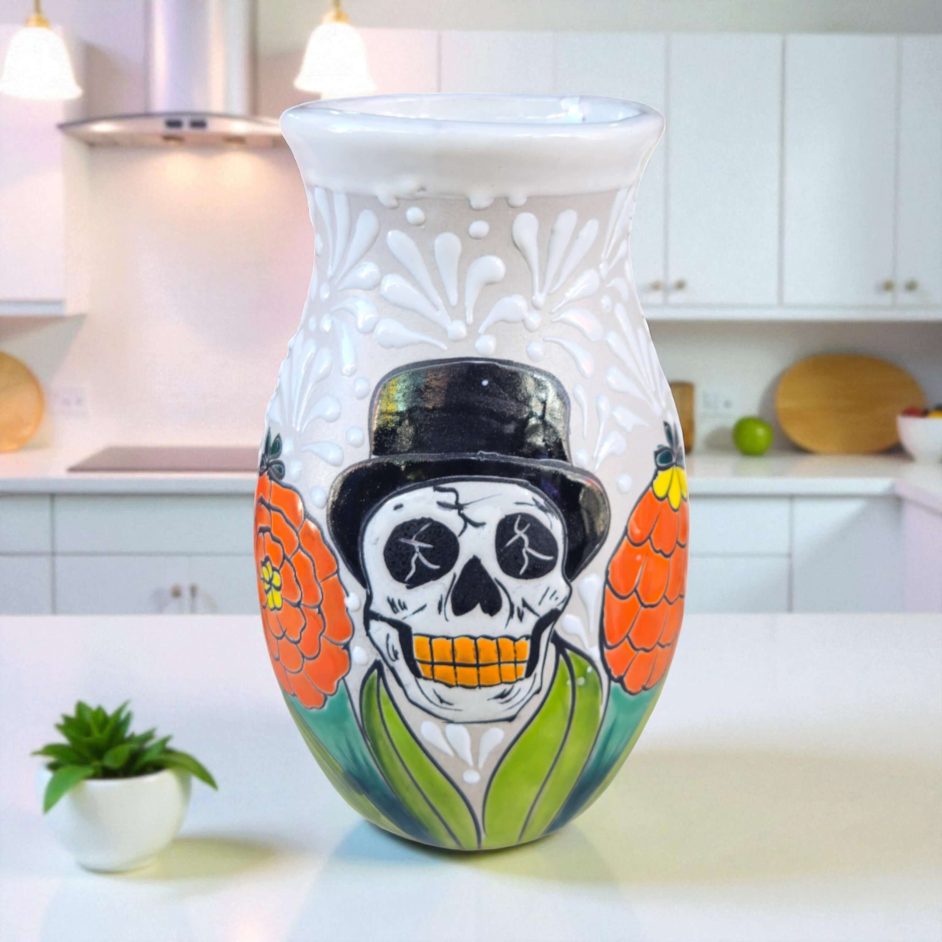 Talavera Day of the Dead Relief Vase | Hand-Painted Pottery