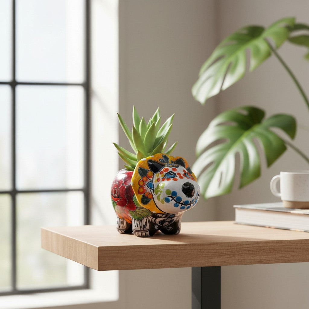 Talavera Triceratops Planter | Day of the Dead Dinosaur