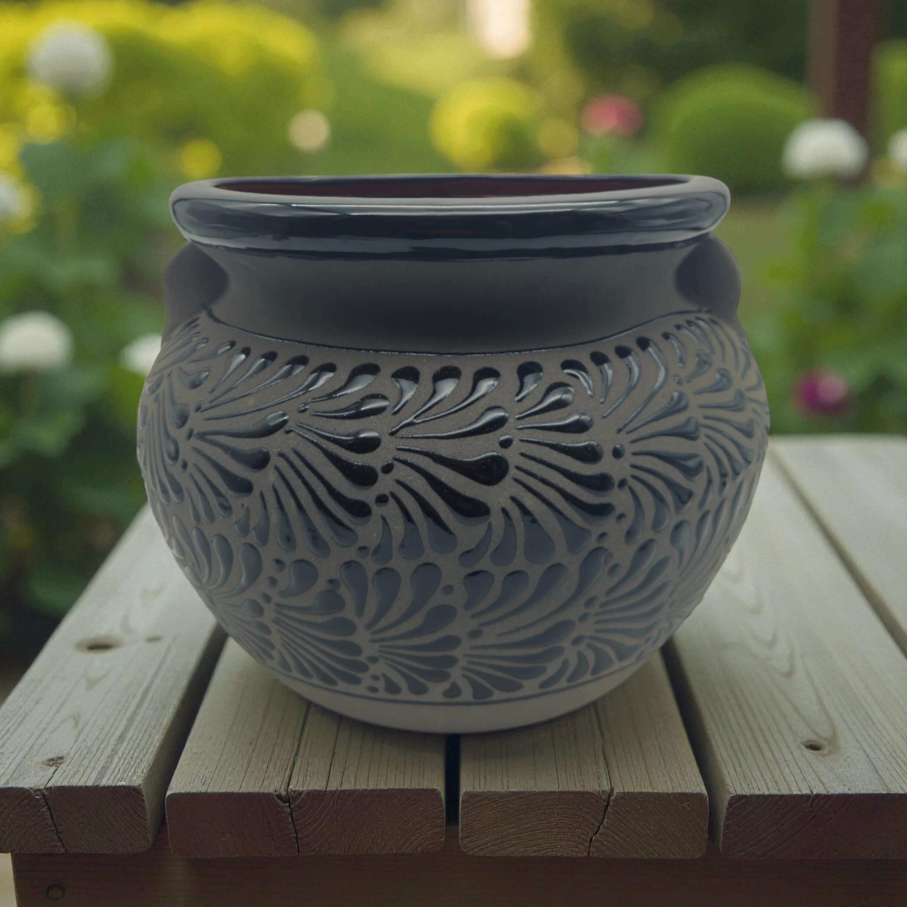 Talavera Floral Pot | Handmade Black Design