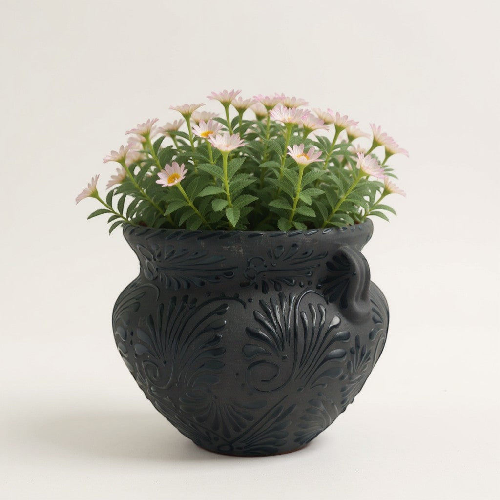 Talavera Floral Pot | Handmade Black Design