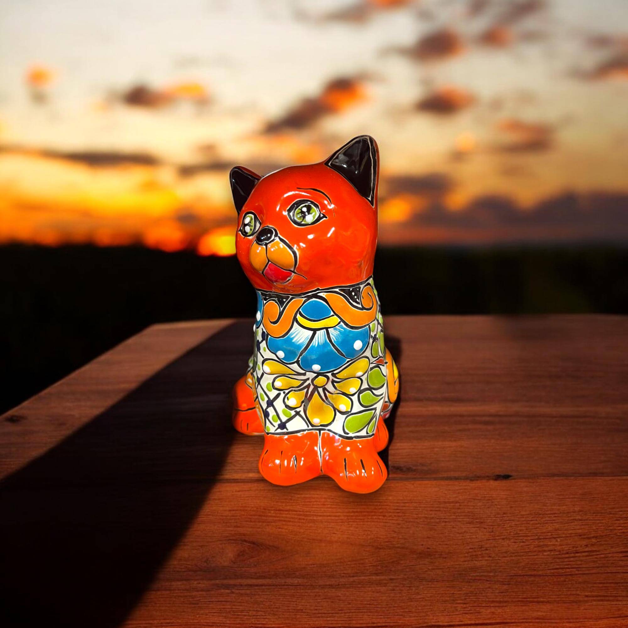 Talavera Cat Figurine | Hand-Painted Mexican Folk Art Home Decor