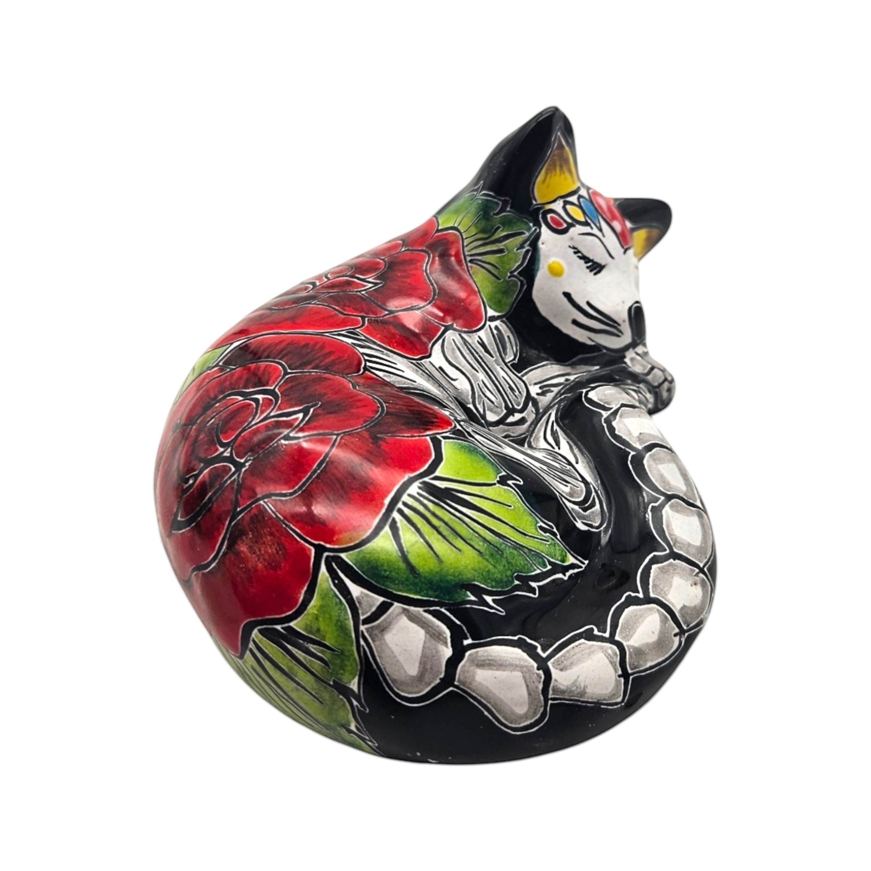 Talavera Sleeping Cat Figurine | Hand-Painted Mexican Decor