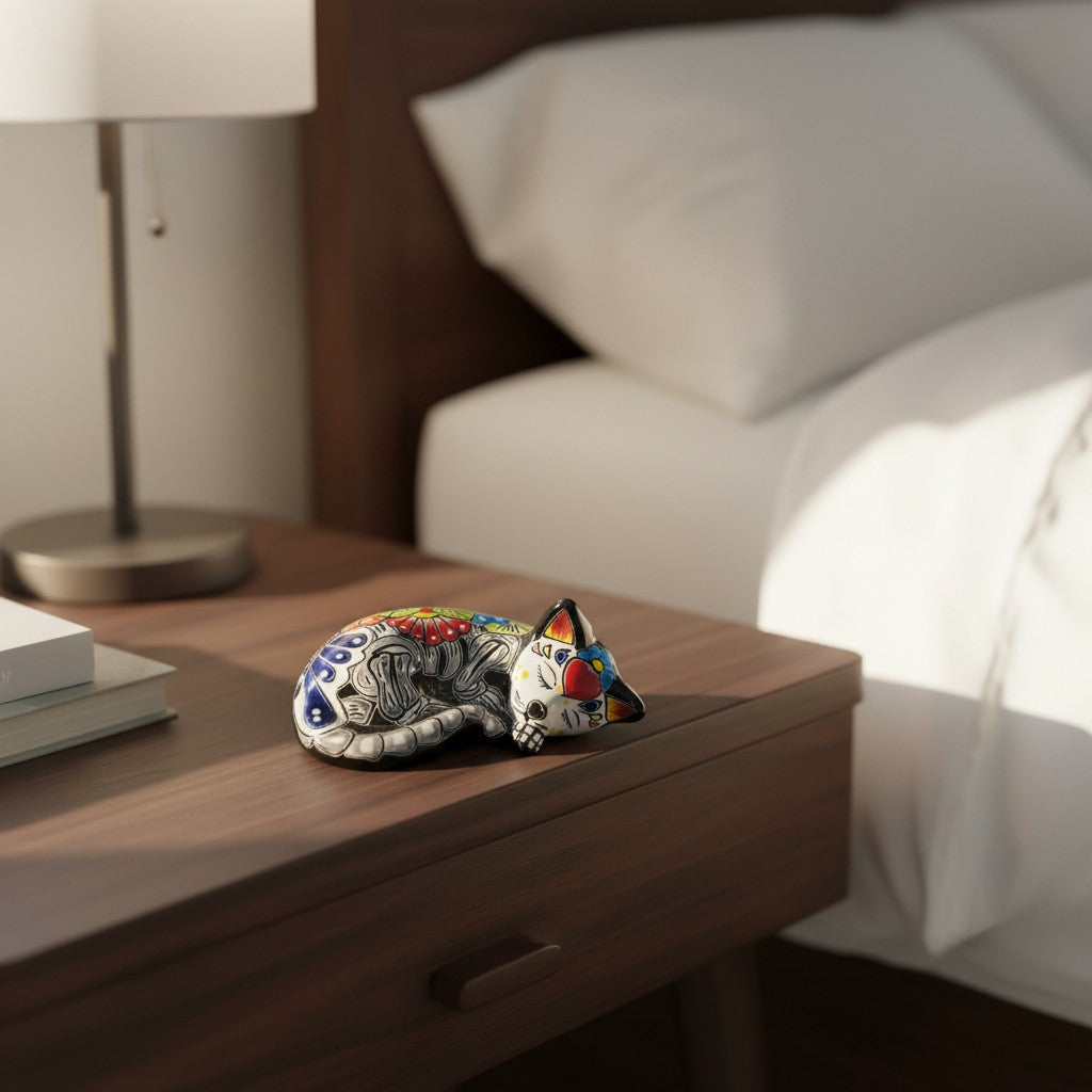 Talavera Sleeping Cat Figurine | Hand-Painted Mexican Decor