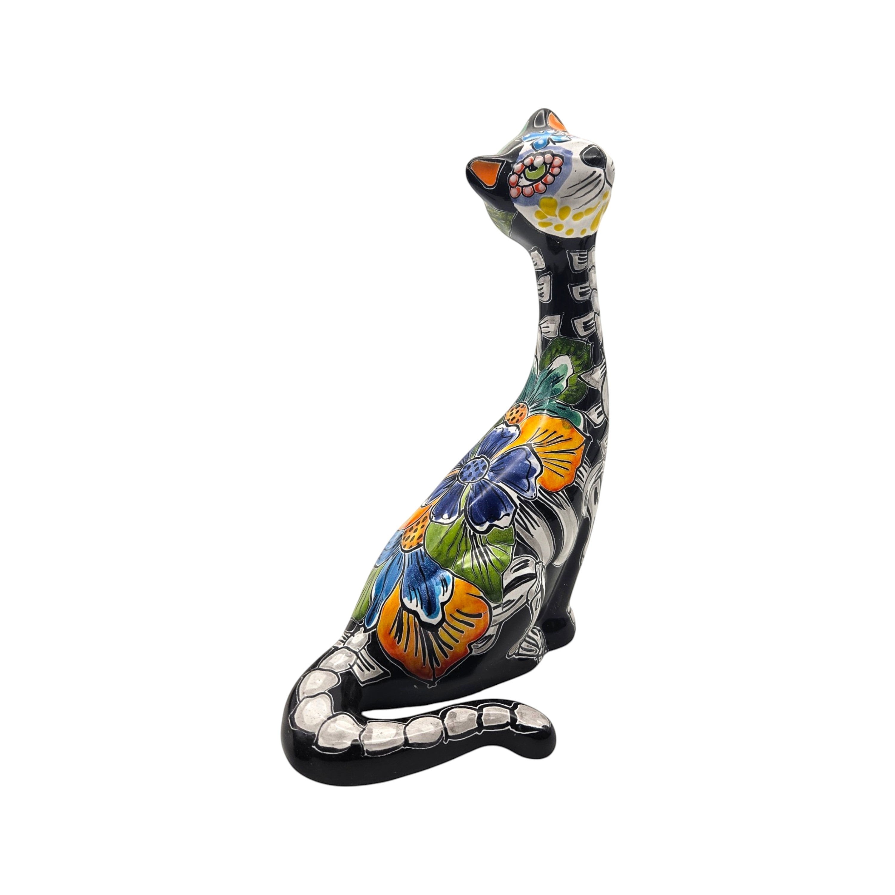 Talavera Tall Cat Figurine | Hand-Painted Day of the Dead Art