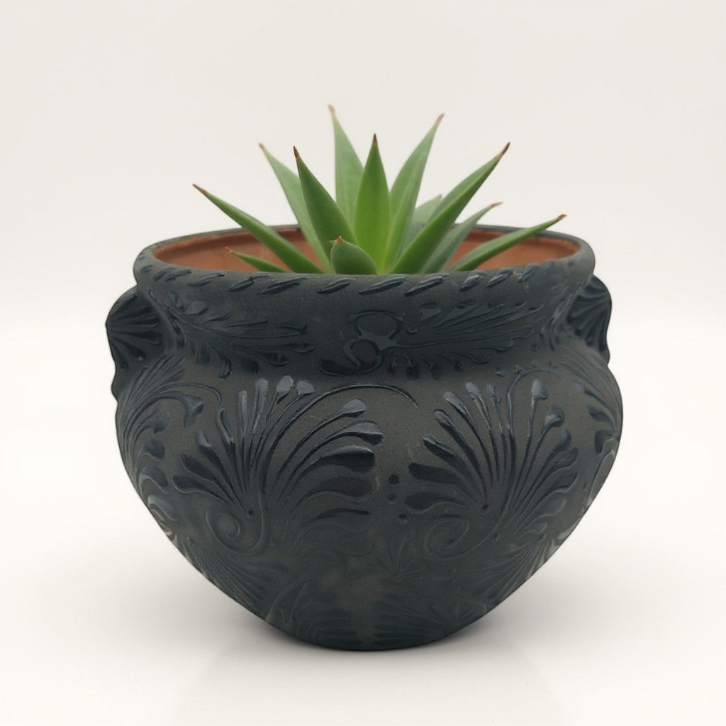 Talavera Floral Pot | Handmade Black Design