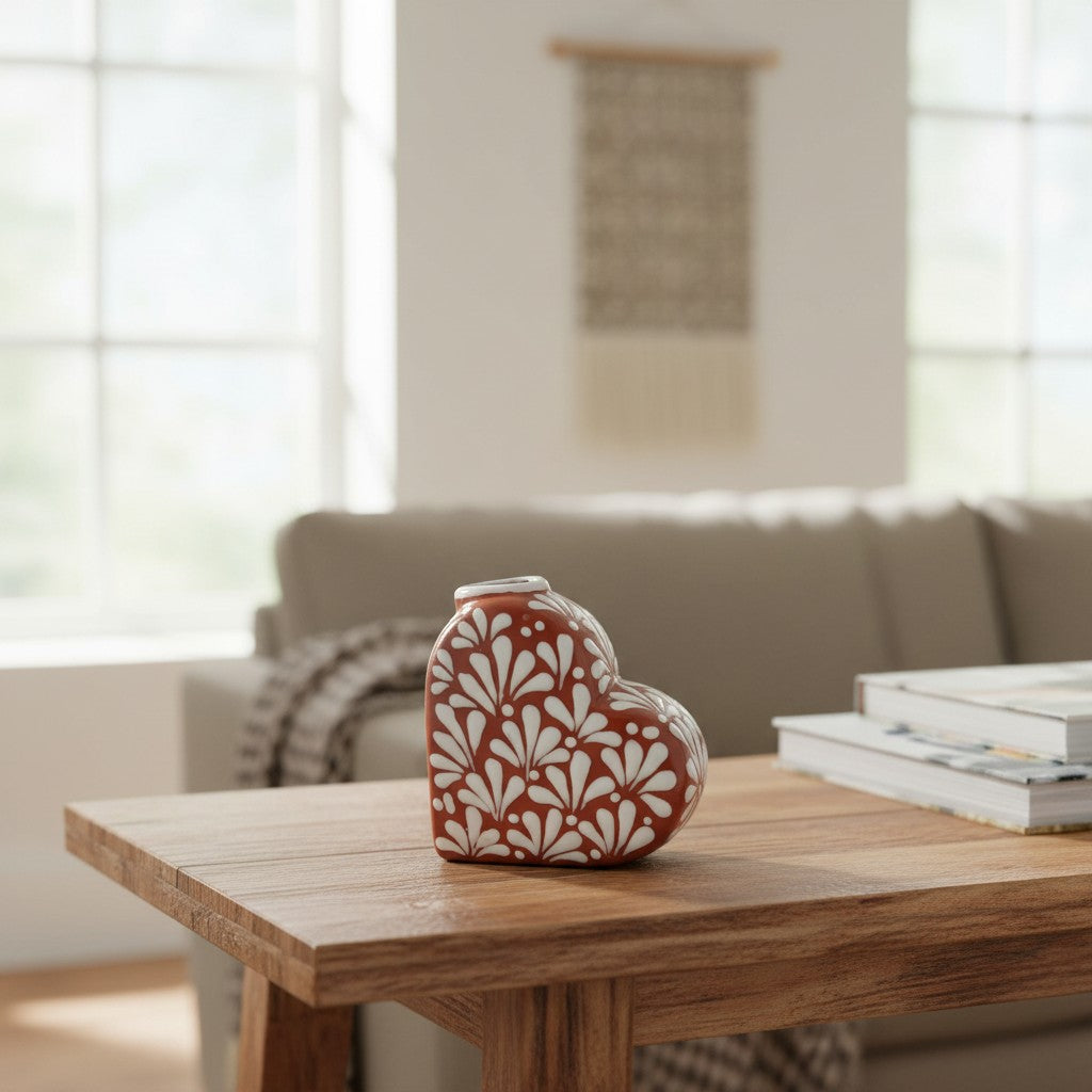Talavera Heart Vase | Brown & White Butterfly Design