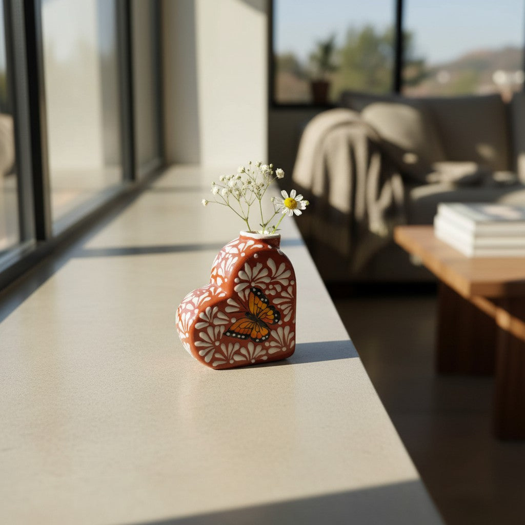 Talavera Heart Vase | Brown & White Butterfly Design