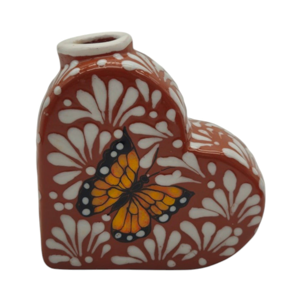 Talavera Heart Vase | Brown & White Butterfly Design