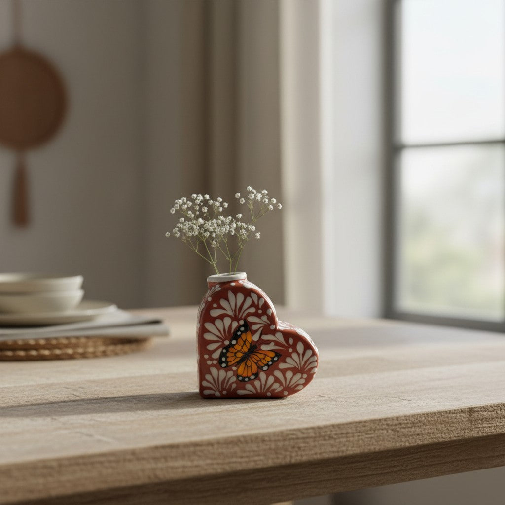 Talavera Heart Vase | Brown & White Butterfly Design