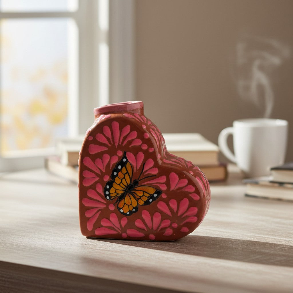 Talavera Heart Vase | Pink Monarch Butterfly Design
