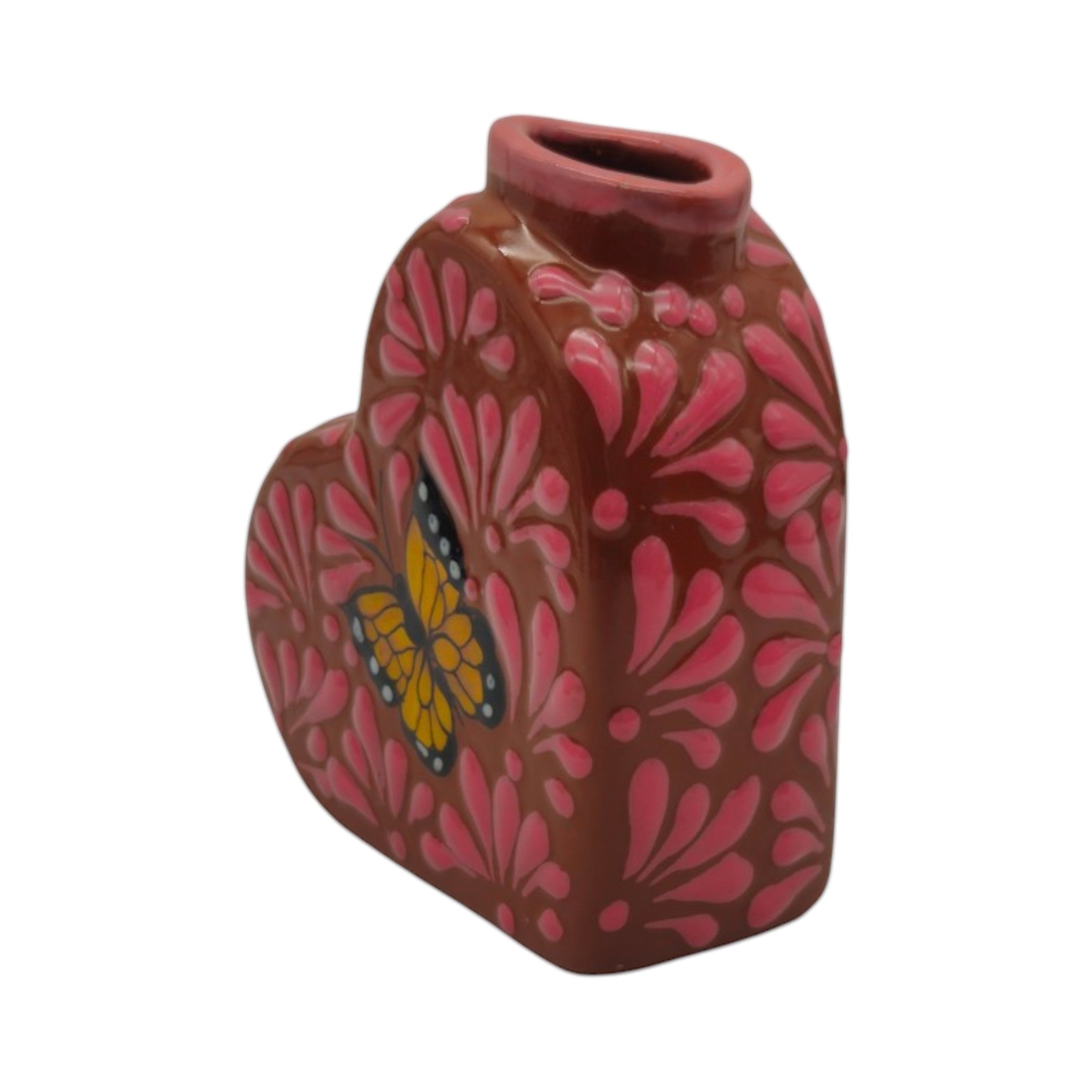 Talavera Heart Vase | Pink Monarch Butterfly Design