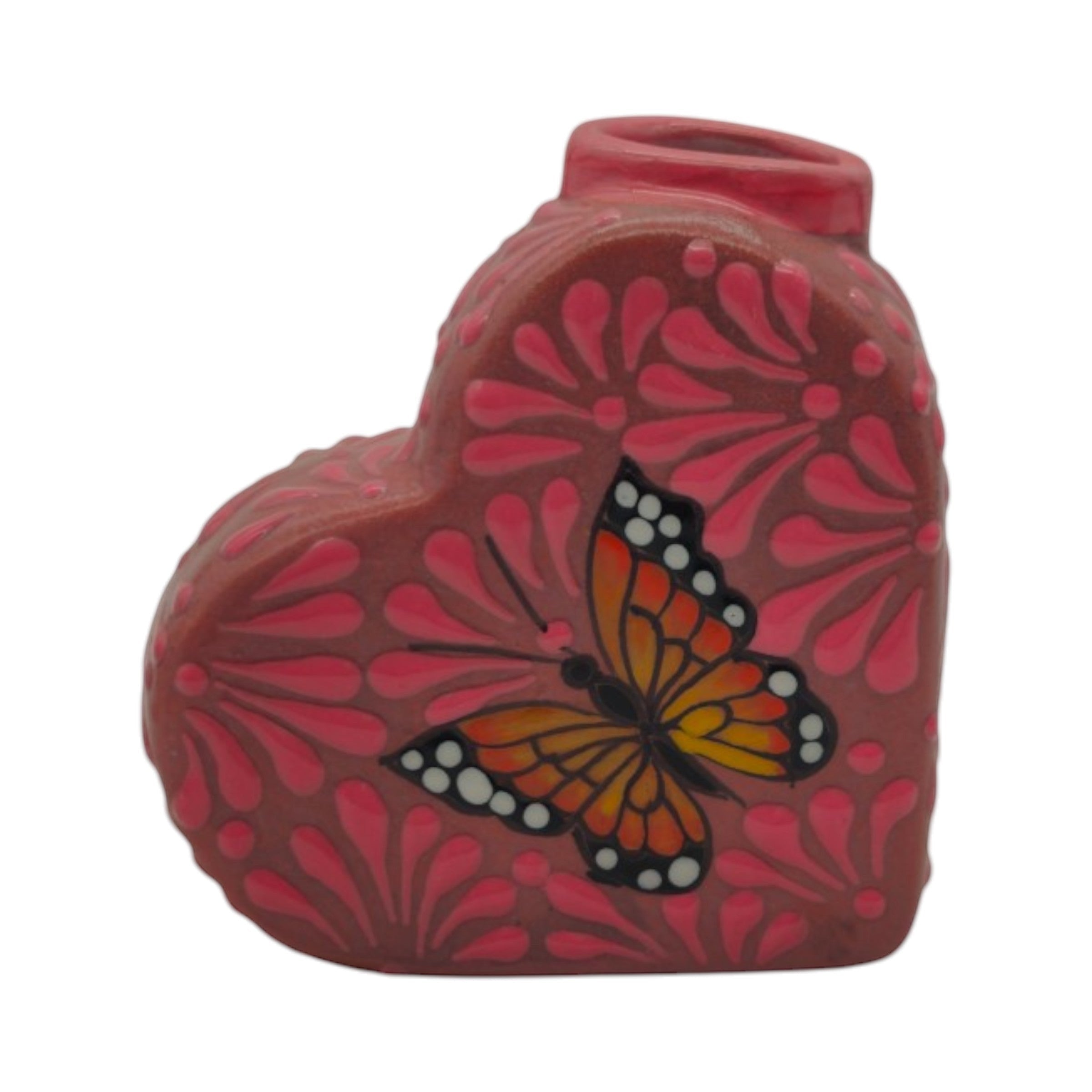 Talavera Heart Vase | Pink Monarch Butterfly Design