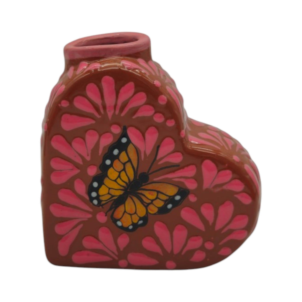 Talavera Heart Vase | Pink Monarch Butterfly Design