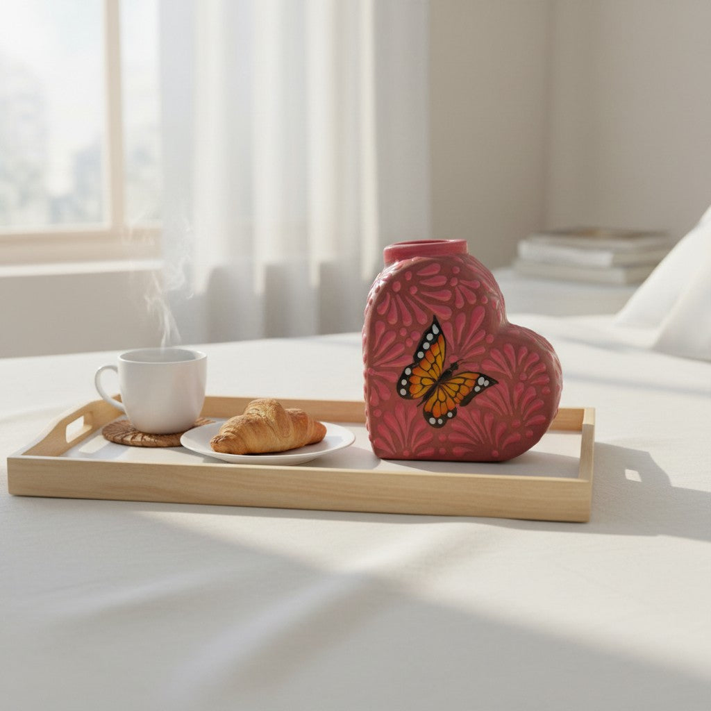 Talavera Heart Vase | Pink Monarch Butterfly Design