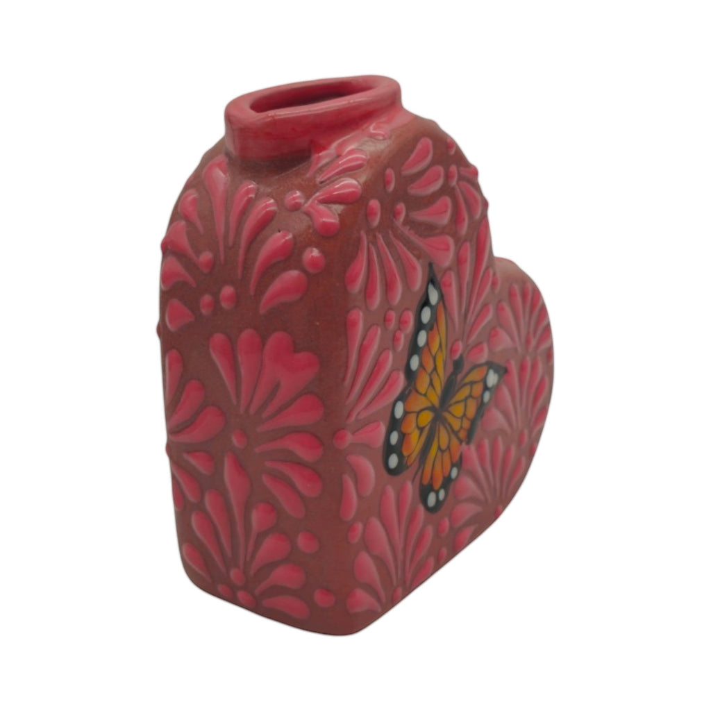 Talavera Heart Vase | Pink Monarch Butterfly Design