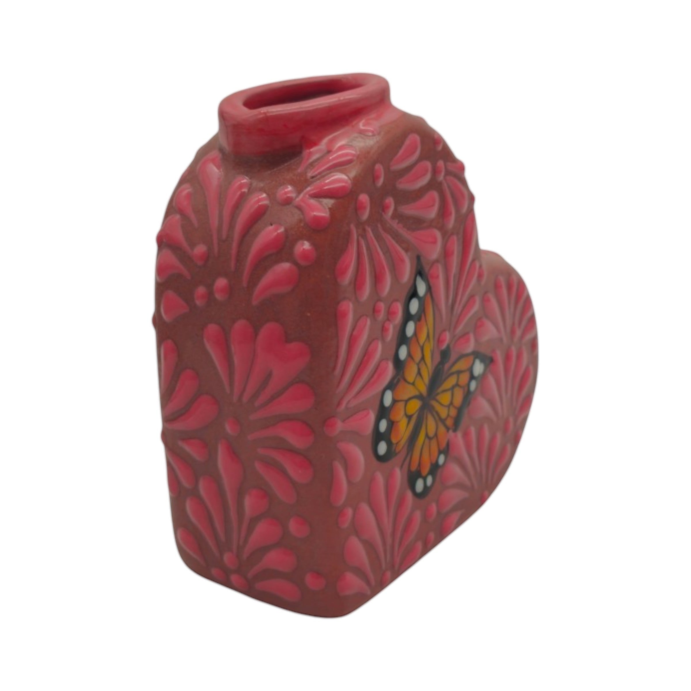 Talavera Heart Vase | Pink Monarch Butterfly Design