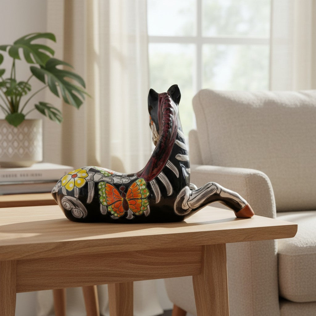 Talavera Horse Figurine | Day of the Dead Skeleton Design