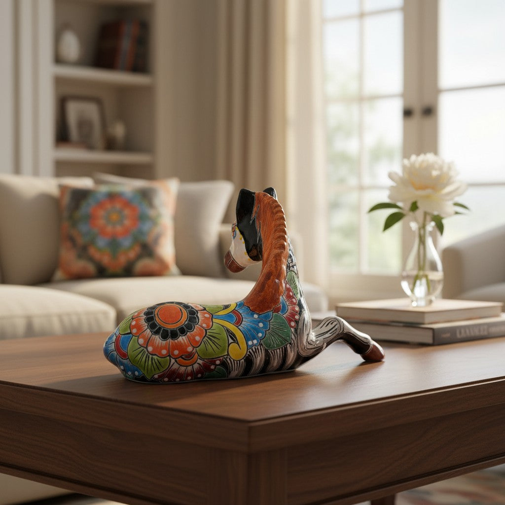 Talavera Horse Figurine | Day of the Dead Skeleton Design